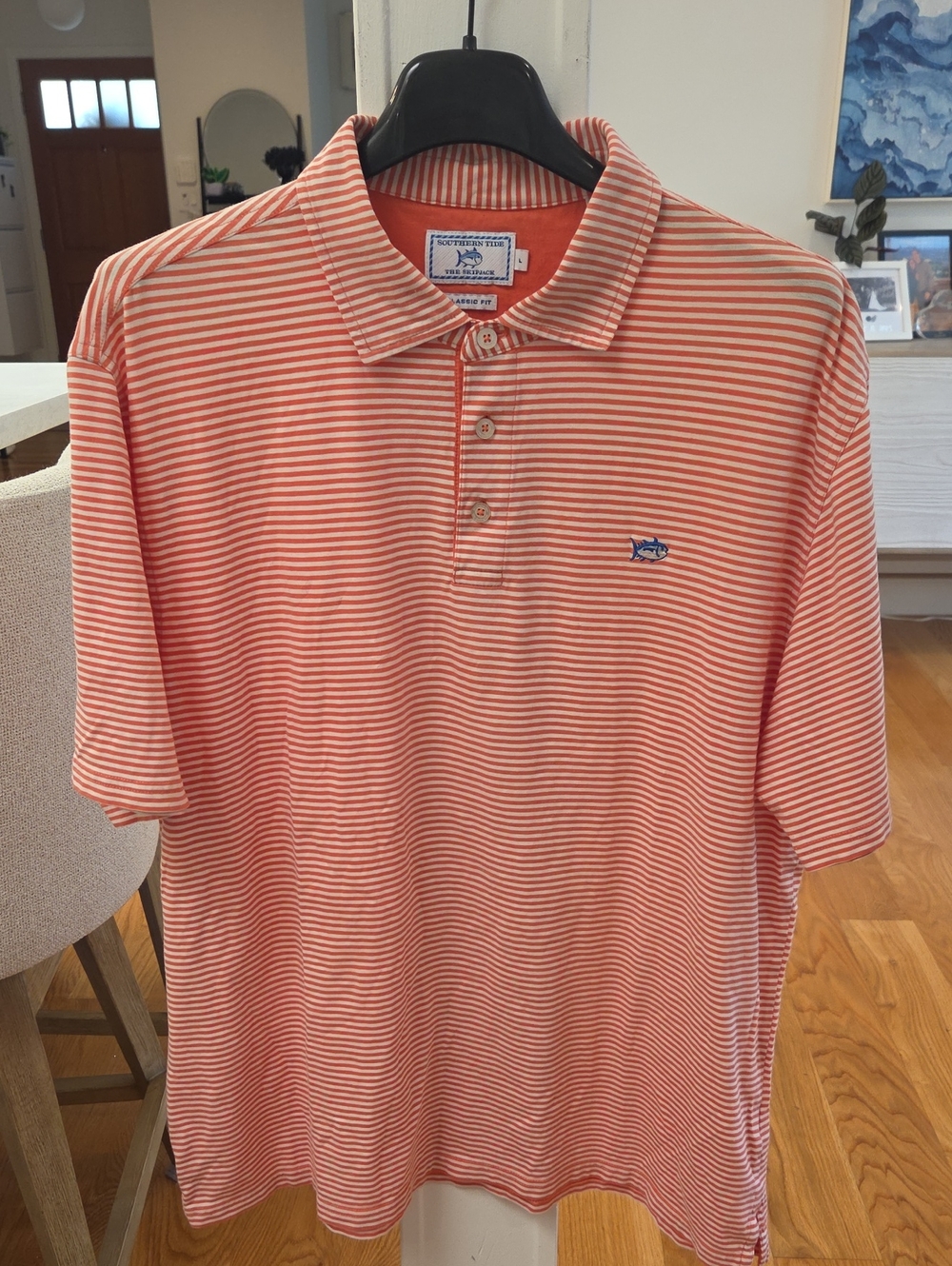 Southern Tide Men’s Coral and White Striped Lightweight Cotton Polo Shirt (L)